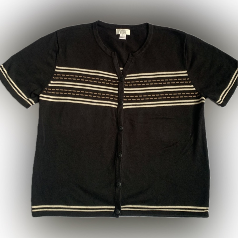 CHRISTOPHER BANKS | Short sleeve black & tan cardigan sweater, large